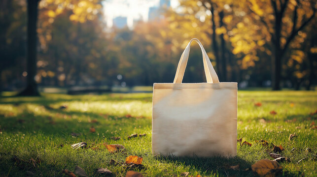 Tote bag mockup concept image with a blank tote bag sitting outside in a park on sunny day for the large sturdy cloth unfastened bag with parallel handles with copy space