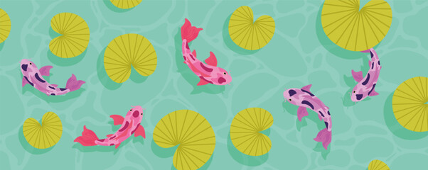 Green pond with koi fish. Horizontal banner. Vector illustration.