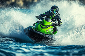 A green and black jet ski speeds across the blue sea, splashing water. The rider, wearing a helmet and suit, cruises under a sunny sky.