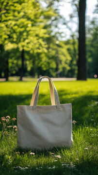 Tote bag mockup concept image with a blank tote bag sitting outside in a park on sunny day for the large sturdy cloth unfastened bag with parallel handles with copy space