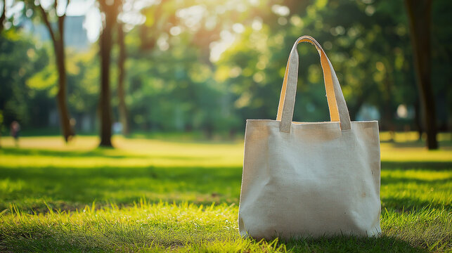 Tote bag mockup concept image with a blank tote bag sitting outside in a park on sunny day for the large sturdy cloth unfastened bag with parallel handles with copy space