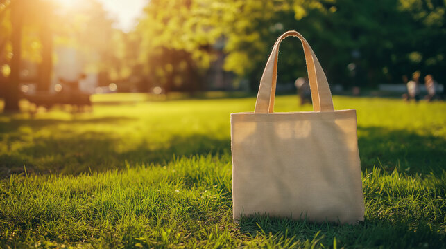 Tote bag mockup concept image with a blank tote bag sitting outside in a park on sunny day for the large sturdy cloth unfastened bag with parallel handles with copy space