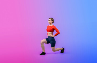 Full body length gaiety shot athletic and sporty woman doing healthy and meditative yoga exercise workout posture on isolated background. Healthy active and body care lifestyle