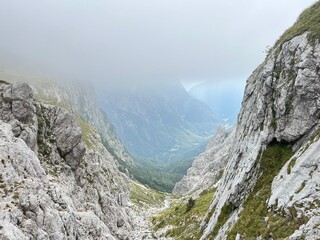 Alpine valleys around Mangart peak in the Julian Alps, Strmec na Predelu (Triglav National Park,...