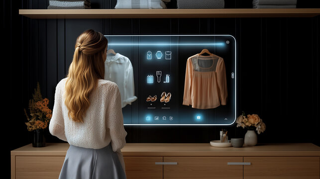 woman using a digital tablet with artificial intelligence technology to choose and select fashionable outfits