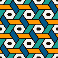 Hexagonal seamless pattern. Mosaic tiles. Geometrical wallpaper. Honeycomb print. Ethnic ornament illustration. Wicker background. Flooring image. Geometric backdrop. Vector work.