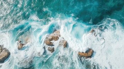 An aerial view of the turquoise ocean with white foamy waves crashing against the rocky shore.