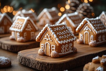 Christmas gingerbread houses on wooden table with bokeh background.. Pastries in the form of houses. Festive scene with holiday pastries. Christmas and New Year background.