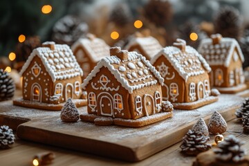 Christmas gingerbread houses on wooden table with bokeh background.. Pastries in the form of houses. Festive scene with holiday pastries. Christmas and New Year background.