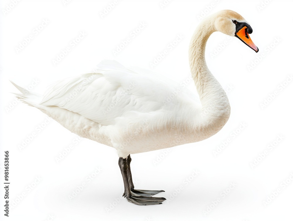 Poster solitary mute swan exudes tranquility at the water's edge, its long neck and pristine feathers creat