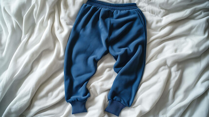 Blue sweatpants laying on a white sheet.