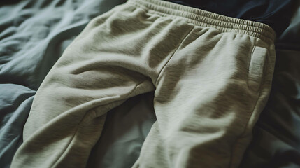 A pair of light gray sweatpants laid out on a bed.