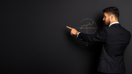 A businessman pointing at a target board with charts and growth arrows, symbolizing the focus and precision needed to achieve business goals