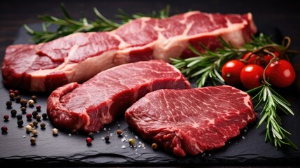 Fototapeta premium Fresh, raw beef steaks with rosemary, tomatoes, and peppercorns on a black slate board. A delicious and healthy meal option.