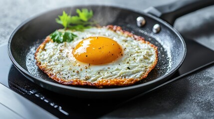 A perfectly fried egg with a golden yolk, garnished with fresh herbs, served in a modern frying pan on a sleek cooking surface.