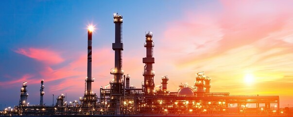 A refinery with bright lights, pipelines, and storage tanks, representing the oil and gas industry's intricate and high-tech operations