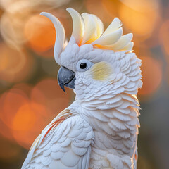 A beautiful white cockatoo stands gracefully with its colorful crest raised, showcasing its feathers against a warm, blurred background of sunset colors.