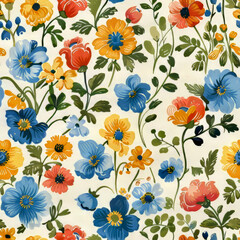 A lively arrangement of various flowers in shades of blue, red, yellow, and green creates a cheerful fabric pattern. Ideal for textile design or home décor inspiration.