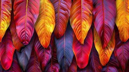 A close-up view displays an array of tropical leaves showcasing vivid reds, oranges, and yellows, capturing the essence of autumn in a lively and colorful composition.