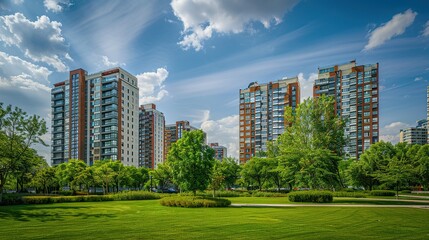 Obraz premium Modern Apartment Buildings Surrounded by Lush Green Trees and Grass
