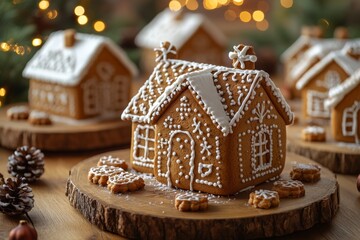 Christmas gingerbread houses on wooden table with bokeh background.. Pastries in the form of houses. Festive scene with holiday pastries. Christmas and New Year background.