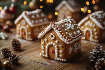 Christmas gingerbread houses on wooden table with bokeh background.. Pastries in the form of houses. Festive scene with holiday pastries. Christmas and New Year background.