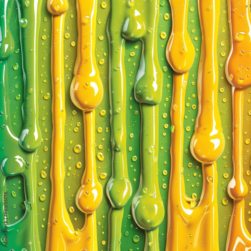 Poster vivid paint drips creating a textured pattern on a surface, showcasing bright shades of green and ye