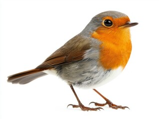 On a clear, bright day, a robin proudly displays its striking red breast while standing on the ground, surrounded by a white backdrop, evoking a sense of serenity.