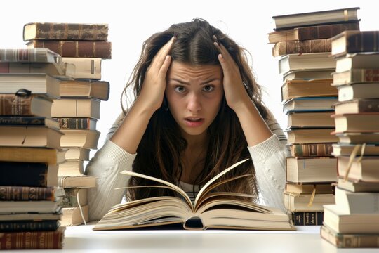  Overwhelmed schoolgirl struggling with homework and surrounded by stacks of books in study, expressing academic fatigue