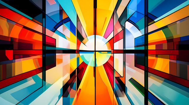 Luminous light core radiating in de stijl inspired geometry. De Stijl. Illustration