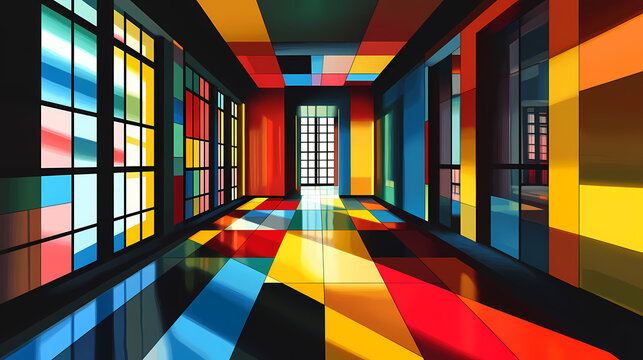Luminous light core radiating in de stijl inspired geometry. De Stijl. Illustration
