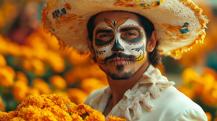 A handsome man with sugar skull death mask in a field of orange marigolds, wearing a hat and white suit. 