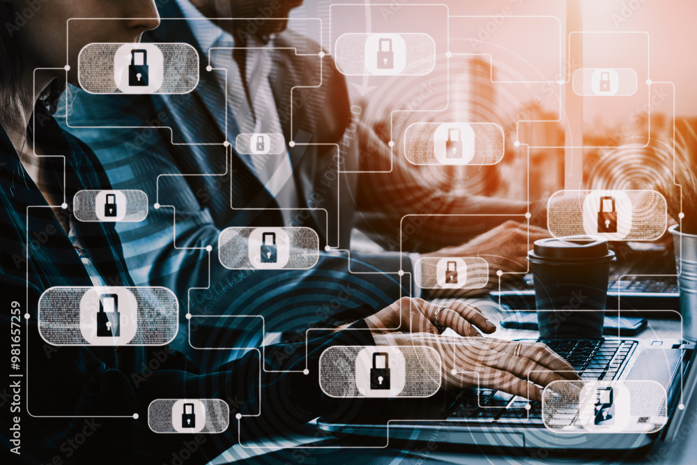 Poster cyber security and digital data protection concept. icon interface showing secure firewall technolog