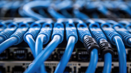 Close-up of blue Ethernet cables and blinking lights in a server room