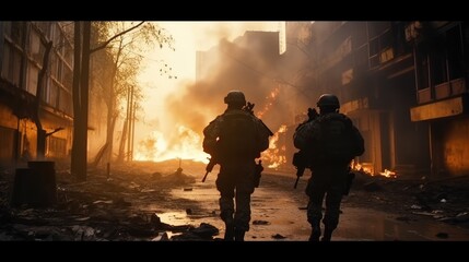Obraz premium Two soldiers walk through a war-torn city, their silhouettes stark against the fiery backdrop.