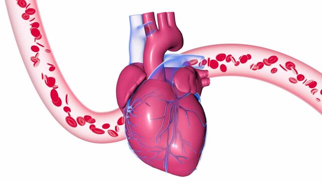 3d animation of a beating heart, showing the coronary arteries. With an artery or vein behind, with the circulation of red blood cells. Cut out on white background.
