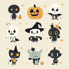A flat Halloween character collection featuring playful pumpkins, spooky skulls, and friendly monsters, all in a clean, cartoon style.