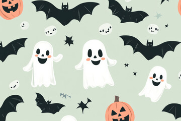 A seamless pattern with friendly ghosts, smiling bats, and happy skulls floating on a light green background, perfect for a kid-friendly Halloween vibe.