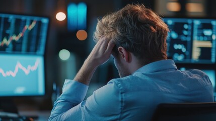 Trader leans head on his desk, feelings of failure and stress with stock situation.