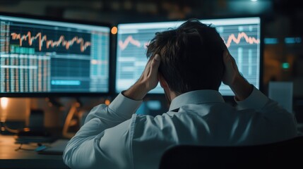 Trader bows his head to his desk in a high-stress with stock graph monitor, symbolizing the pressure of responsibilities.