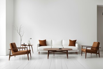 modern living room with white sofa, blank white paper on white wall, white brick wall background