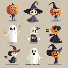 Collection of flat Halloween characters including friendly ghosts, grinning pumpkins, and mischievous witches, all in a clean, modern design.