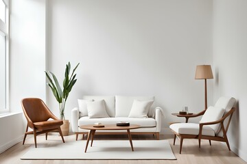 modern living room with white sofa, blank white paper on white wall, white brick wall background