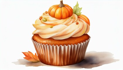 A charming watercolor depiction of a pumpkin cupcake in a rustic paper wrapper, with smooth