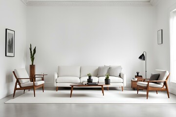 modern living room with white sofa, blank white paper on white wall, white brick wall background