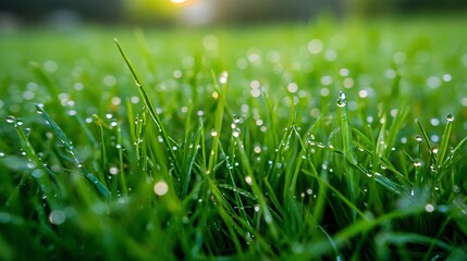 Fototapeta premium Dewdrops glistening on blades of green grass in the morning light