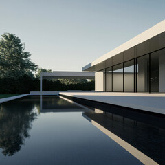 Fototapeta premium modern architectural masterpiece with sleek lines, surrounded by a tranquil reflecting pool under a clear sky