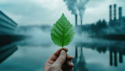 Hand holding a vibrant green leaf, clear reflection of industrial pollution in the background, symbolizing the contrast between genuine environmental efforts and deceptive greenwashing