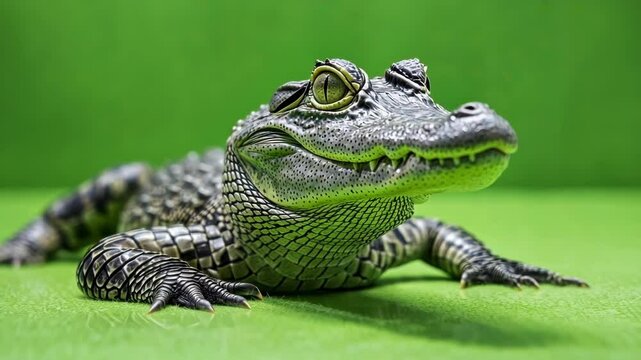 Young alligator rests on a green background, perfect for creative projects. Its unique features and dangerous pose capture the essence of wildlife