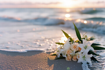 Black funeral ribbon and white irises flowers on a rock by the calm sea